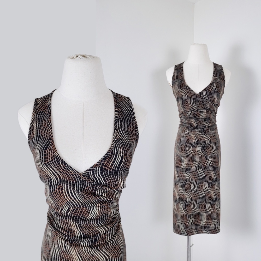 Vintage midi fitted dress abstract y2k v-neck plunge neckline wrap squiggles